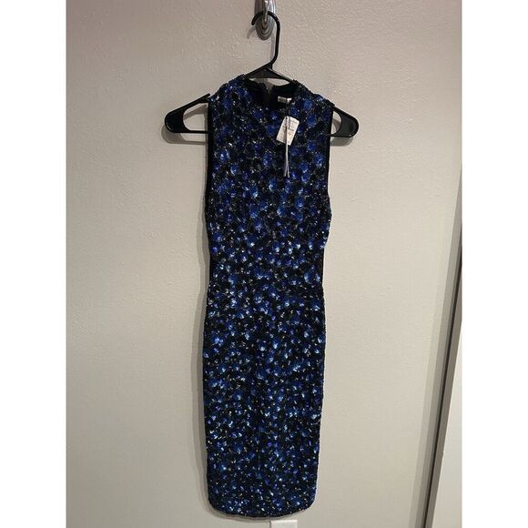 Alice + Olivia Stacey Bendet Sequin Dress Cobalt Blue Black Midi Sheath Size 2 - Picture 1 of 9